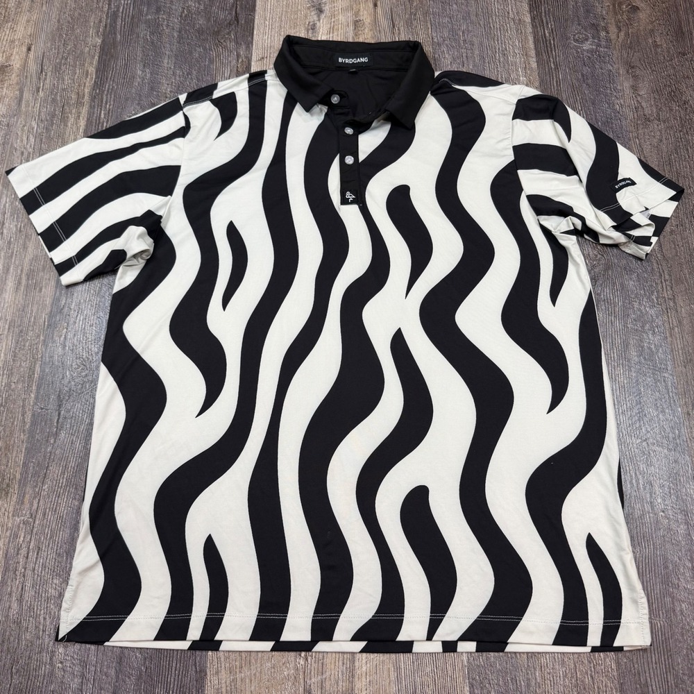 BYRDGANG Mens Zebra Wavy Stripe Performance Golf Polo Shirt Black White Large